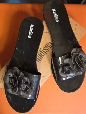 Melissa Babe Petals Floral Rose Black Jelly Slide Sandals Shoes Women Size 9